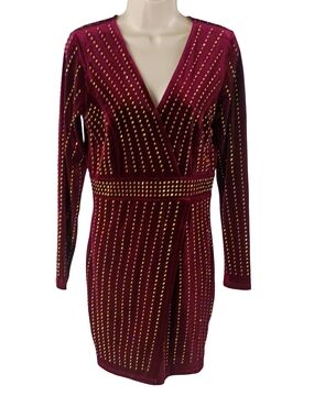 VENUS Burgundy Long-Sleeve Velvet Dress with Gold Studs